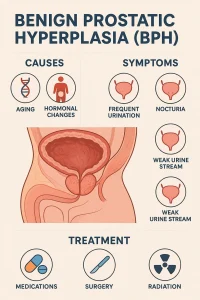 Benign Prostatic Hyperplasia (BPH) infographic showing causes, symptoms, and treatment overview